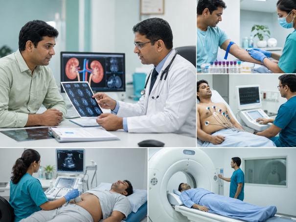 Pre-transplant evaluation includes blood tests, cardiac checks, ultrasound, and advanced imaging.